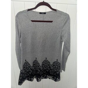 Laksmi Women's Long Gray Black Damask Rose Tunic Top, Round Neck Long Sleeve-Med
